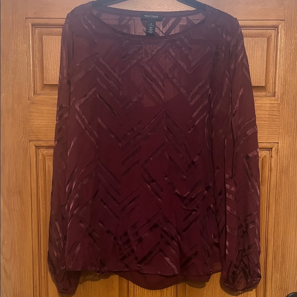 White House Black Market Burgundy Chevron Burnout Sheer Blouse